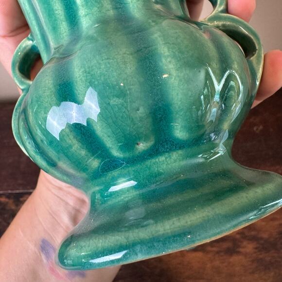 Vintage 40s 50s 60s McCoy Green Blue Turquoise Teal Double Handle Urn Vase - Picture 8 of 9